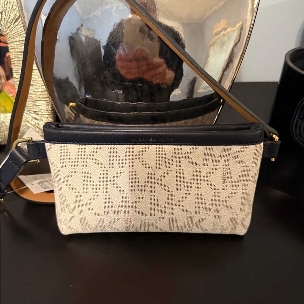 Michael Kors Beige and Navy MK Logo Shoulder Bag